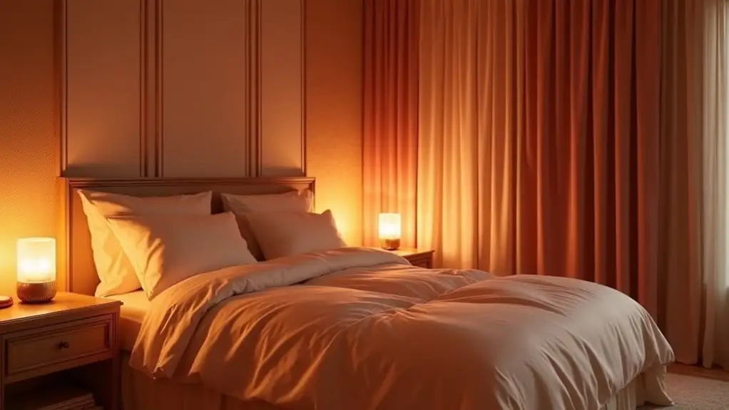 A visual diagram showing warm lamp glow transitioning through evening lighting stages in a minimal bedroom environment