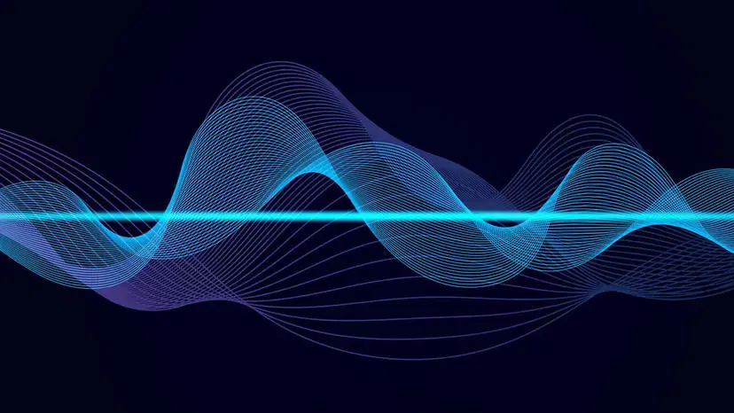 An abstract visualization of sound wave patterns and acoustic control interface elements in a calm evening setting